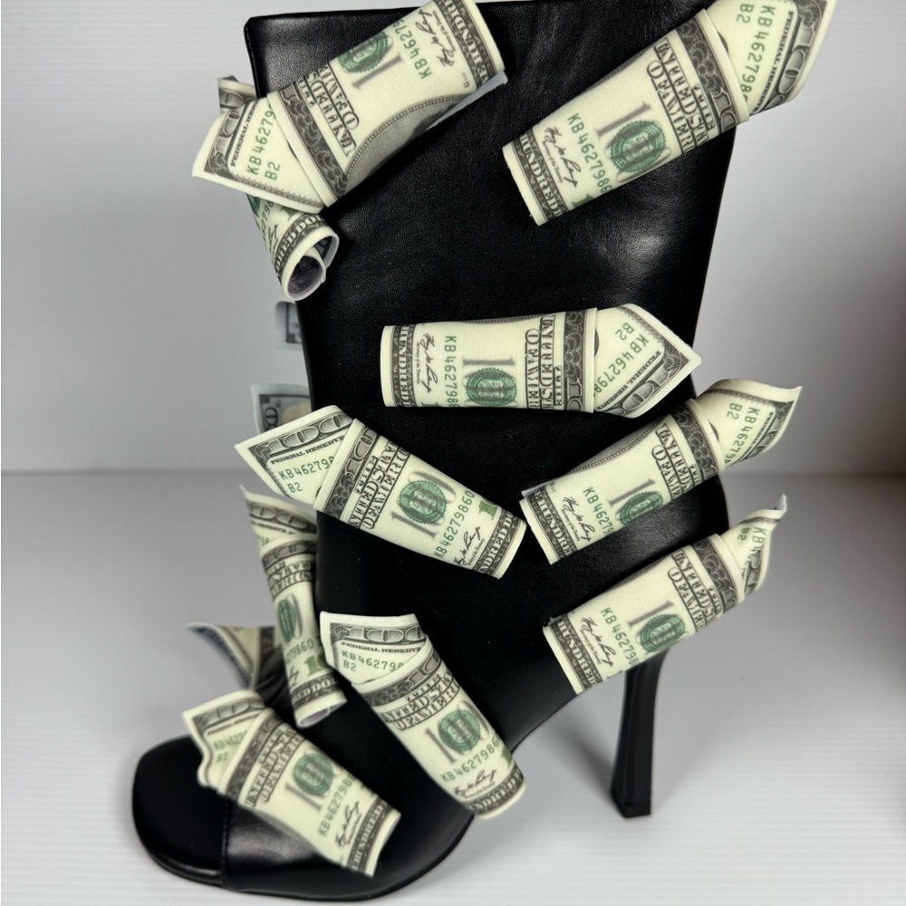 Azalea Wang Dinero Black Money Heels Multi Sizes Dollar Bill Statement Boot NWT - Picture 4 of 8